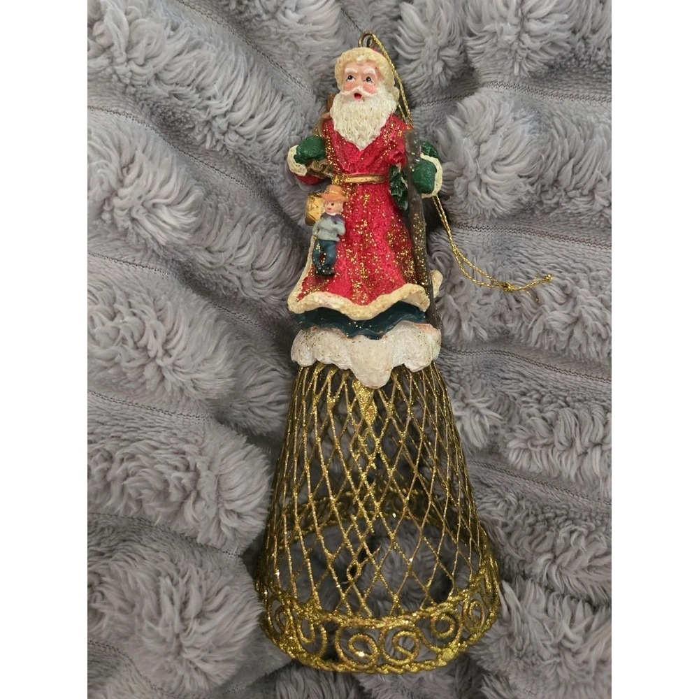 Christmas Santa Claus Gold Glitter Metal Mesh Bell‎ Tree Ornament NOS VINTAGE